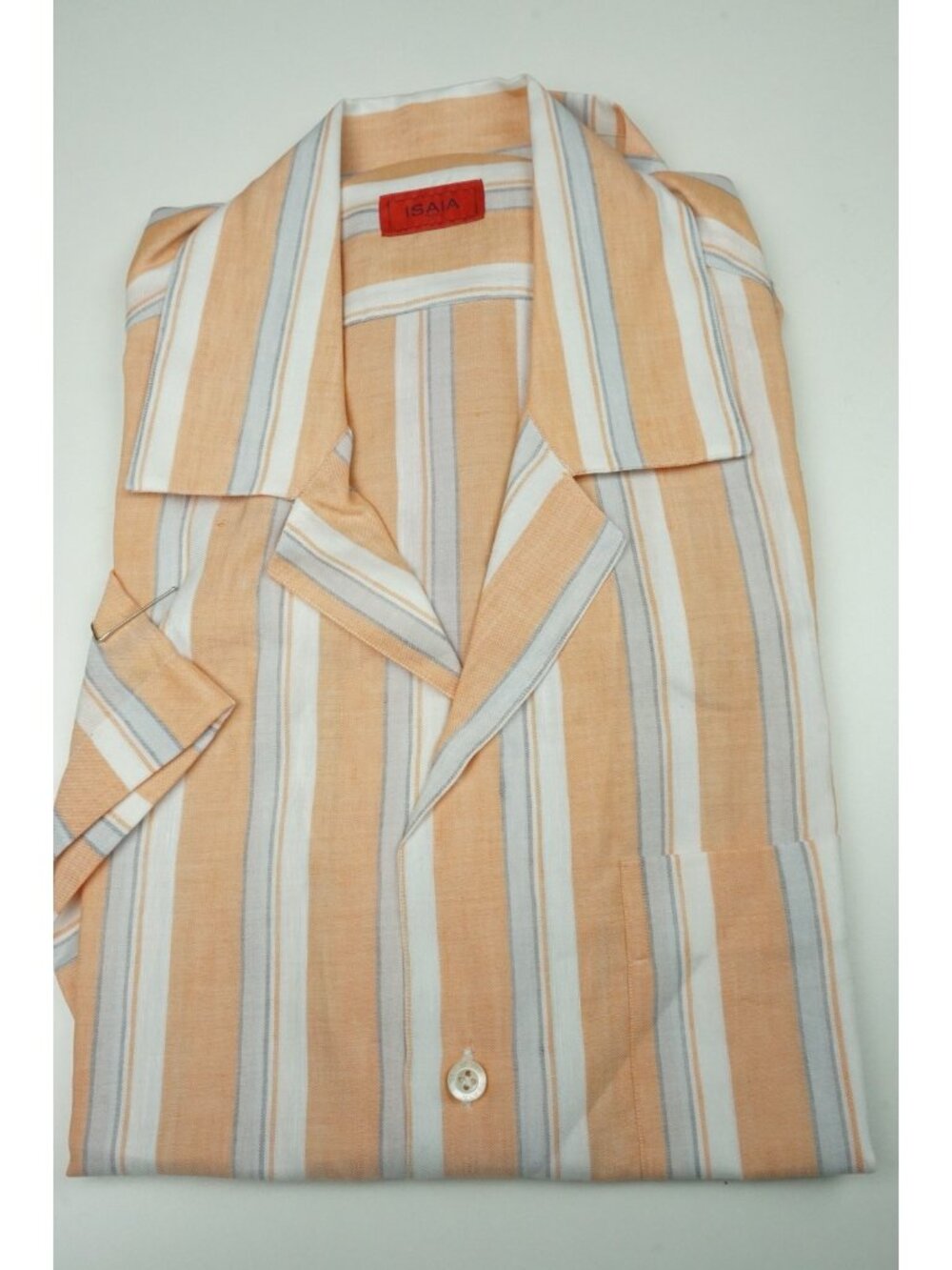 Isaia Orange White Striped short Sleeve Linen Blend Dress Shirt 15.5/39 NEW
